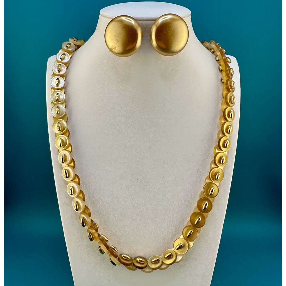 Vintage Necklace Earrings Set Golden Mother of Pearl Button Bead Round Clip On